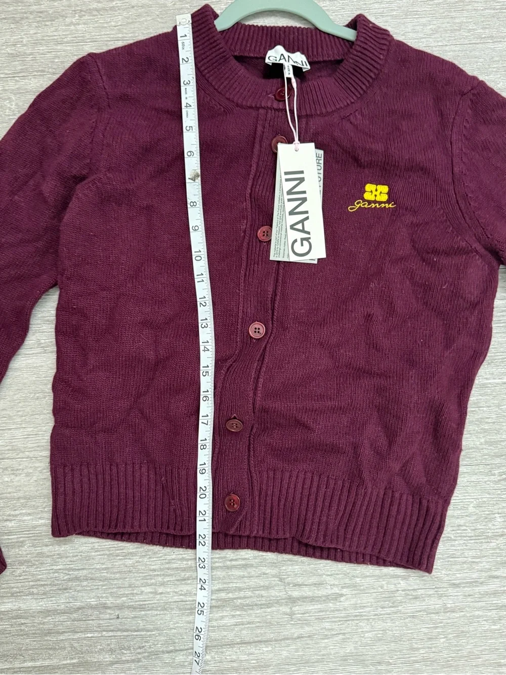 GANNI Core Future Wool Blend Cardigan Burgundy Logo Button Front Sweater NWT L